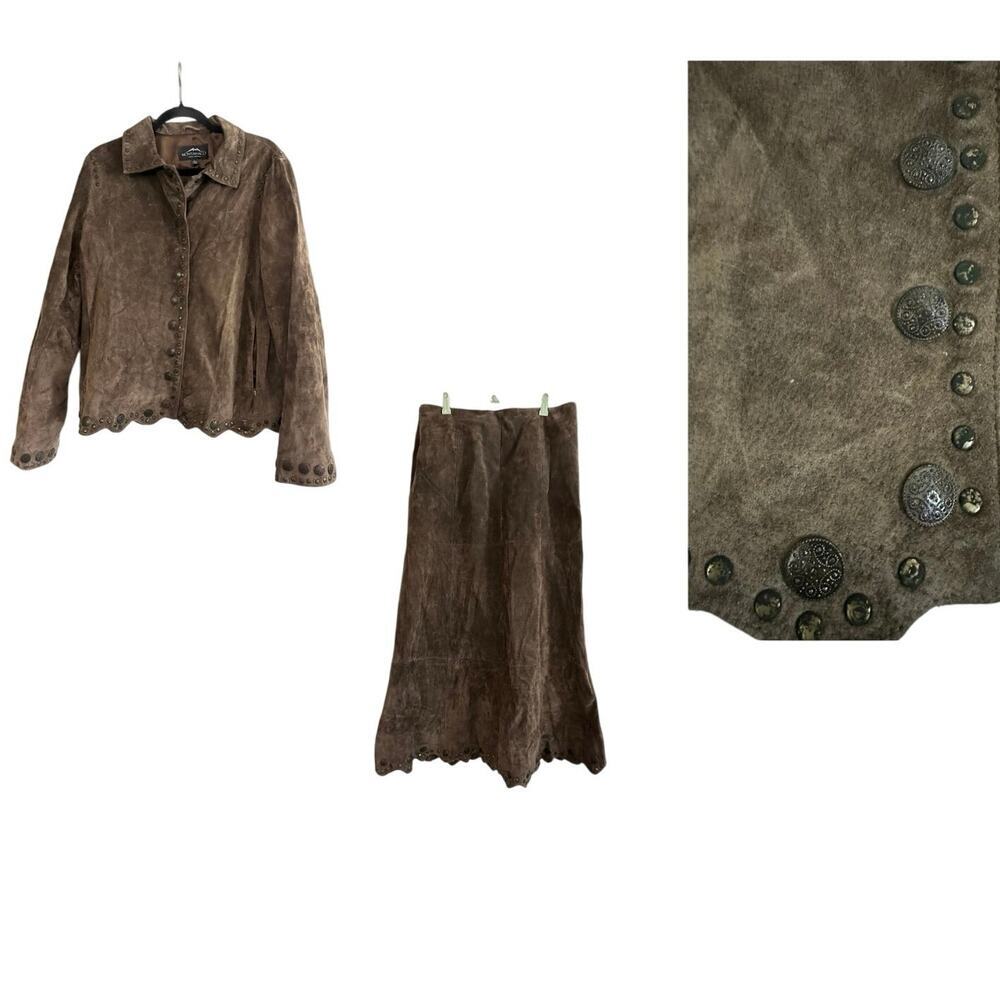 MONTANACO Leather Studded Embellished Jacket Skirt Set Brown Prairie Western -L